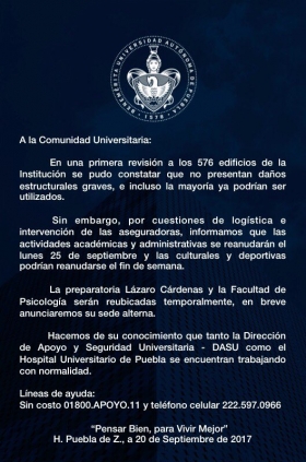 BUAP reanuda actividades próximo lunes